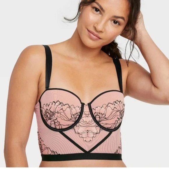 Auden Intimates Pink Black Semi Sheer Floral Embroidered Corset Bustier size M - Picture 1 of 15
